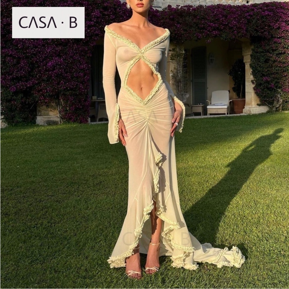 5⭐️CASA B| “Glamour de Cannes” Mesh Cut-Out Frill Sheer Maxi Gown
